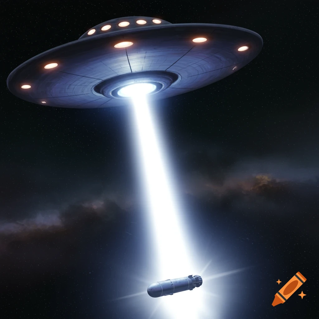 UFO shines a beam of light on a torpedo in space.
