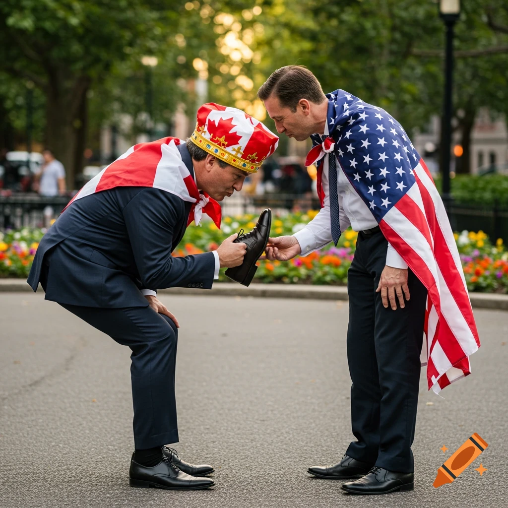Two men in a park, one with a Canadian crown and flag cape kissing the shoe of the other wearing an American flag cape. Photorealistic style.