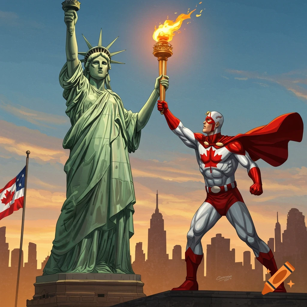 Captain Canada receives a torch from the Statue of Liberty in front of a city skyline and Canadian flag, in comic art style.