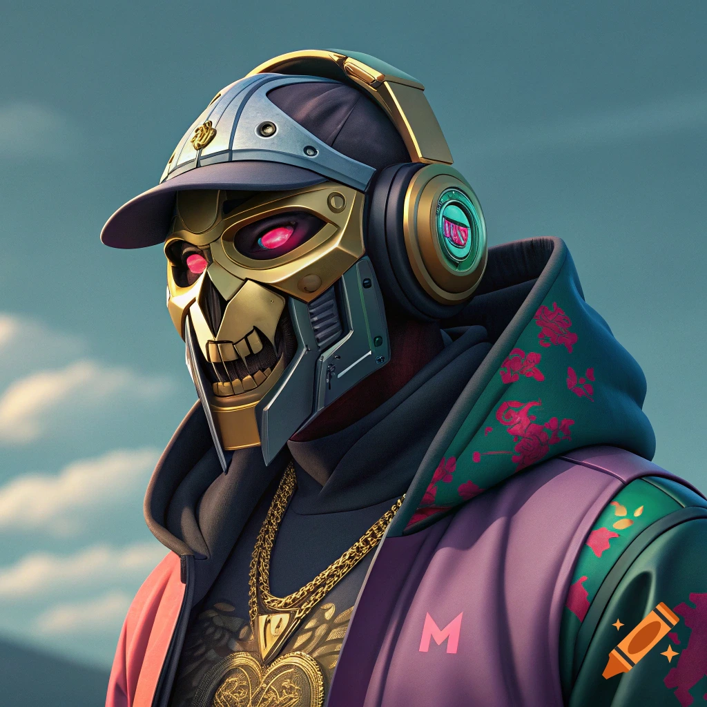A stylized character resembling MF Doom, wearing a mask, cap, headphones, chain, and hooded jacket, posed against a cloudy sky.