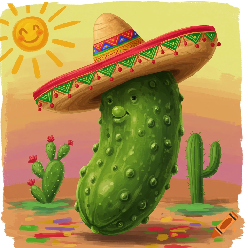 Pickle wearing a sombrero