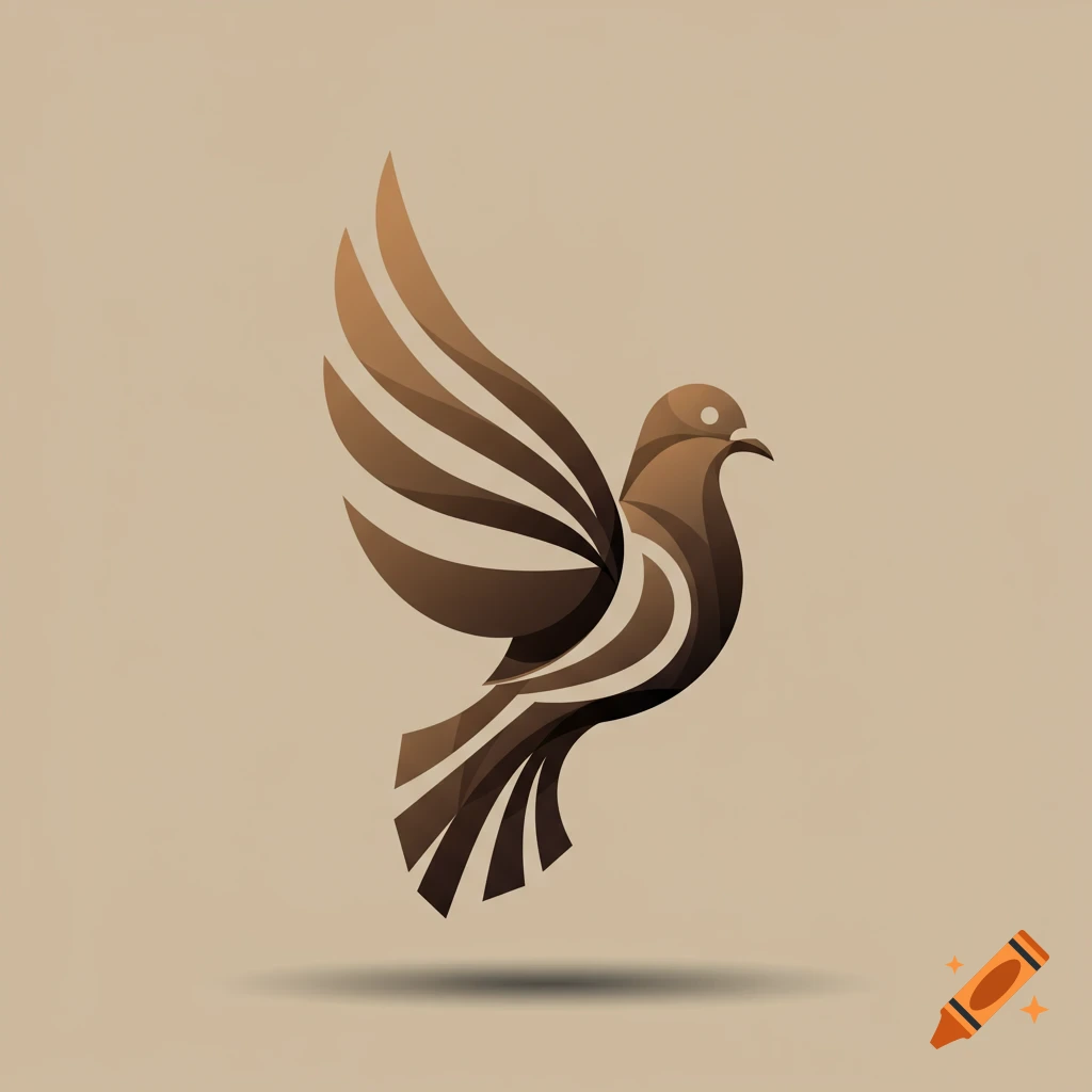 Abstract logo of a brown pigeon with stylized wings and tail on a beige background.