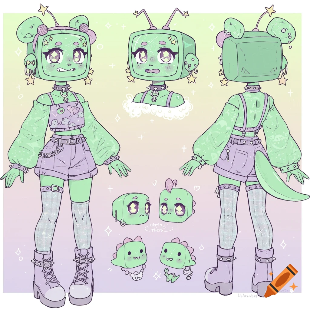 Reference sheet of a cute pastel green TV-headed character with star accessories, crop top, shorts, boots, and dinosaur tail in anime style.
