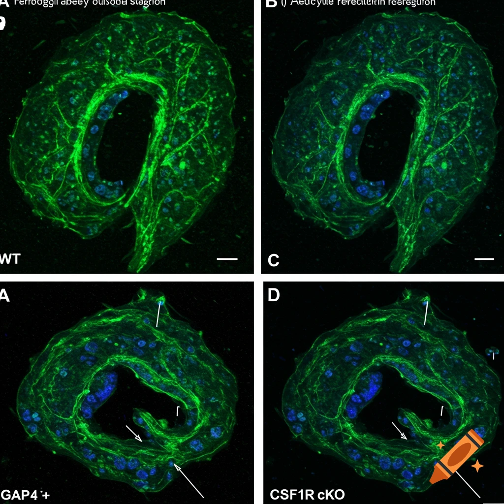 Immunofluorescence images of GAP-43 staining showing axonal regrowth post-tumor resection