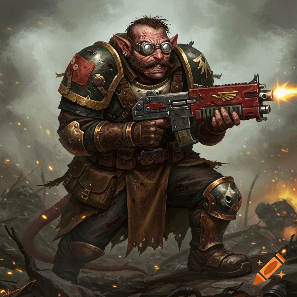 A rat-like creature in futuristic armor holds a large rifle in a war-torn battlefield.