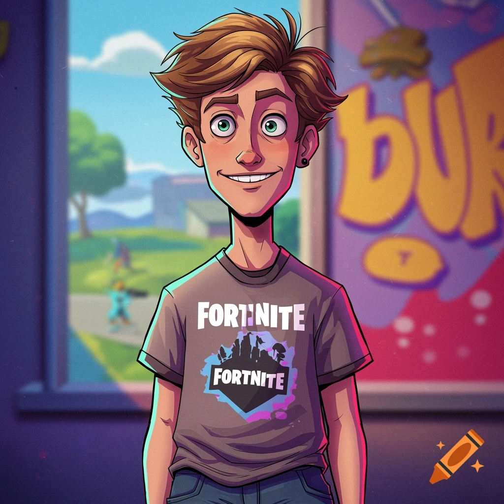 Cartoon illustration of a young man in a Fortnite t-shirt smiling. Background shows a park scene and a large sign.