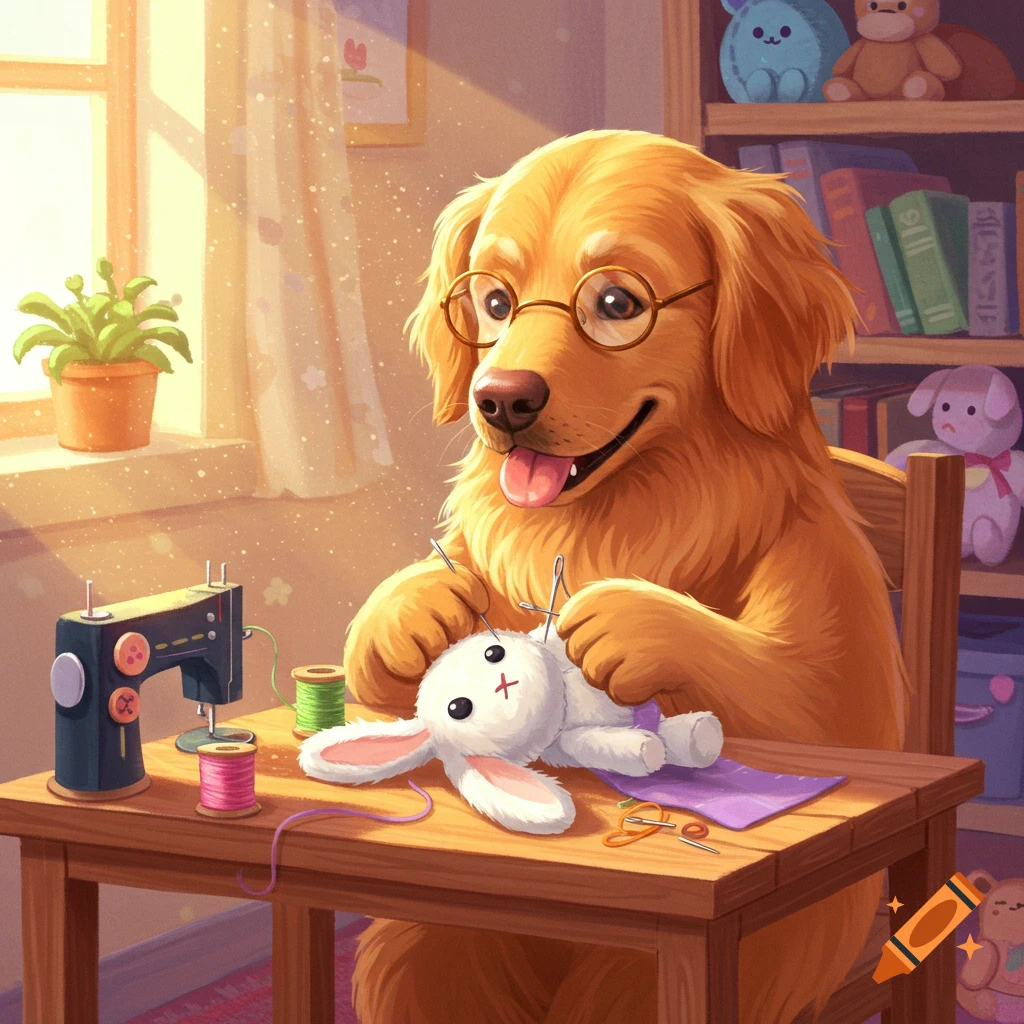 An illustration of a golden retriever dog wearing glasses, sewing a stuffed rabbit with a sewing machine.