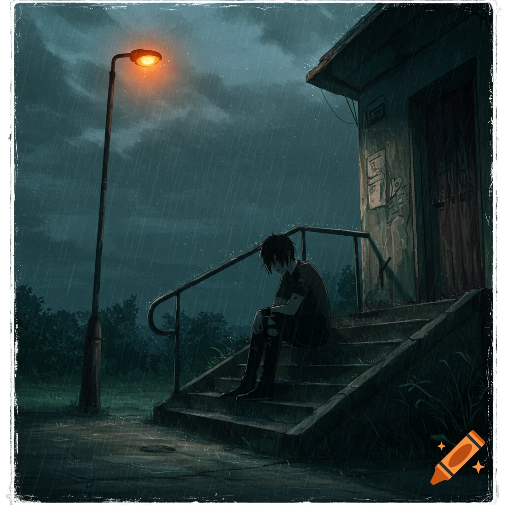 Emo anime character sitting in the rain