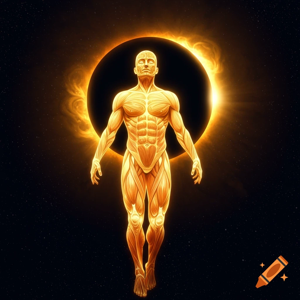 A glowing muscular figure stands before a solar eclipse in space.