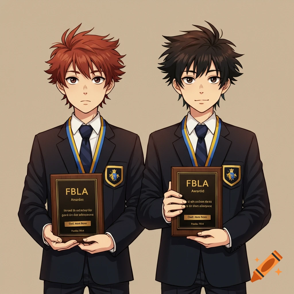 anime boys with award plaques, blue and yellow FBLA lanyards
