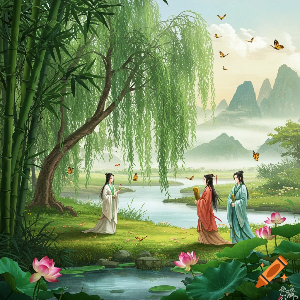 Traditional Chinese painting in Lin Hua's style, summer scene
