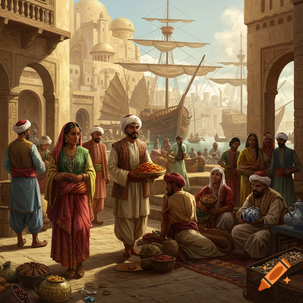 Historical painting of a bustling market scene on a waterfront with merchants, goods, and large ships.