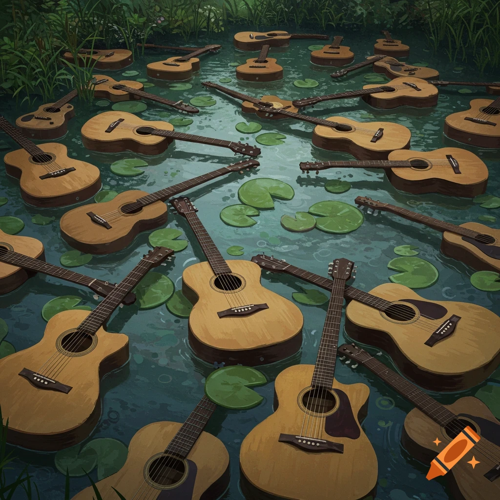 A surreal scene of a pond filled with acoustic guitars floating on the water like lily pads.