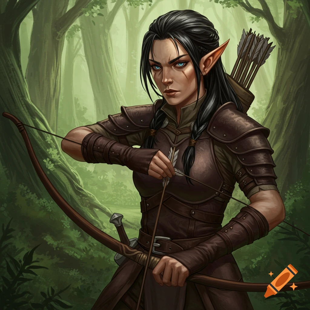Illustration of a dark-haired elf woman with a bow and arrow, wearing leather armor in a forest.