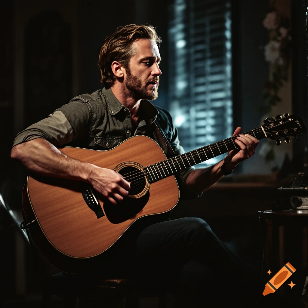 A man playing an acoustic guitar.