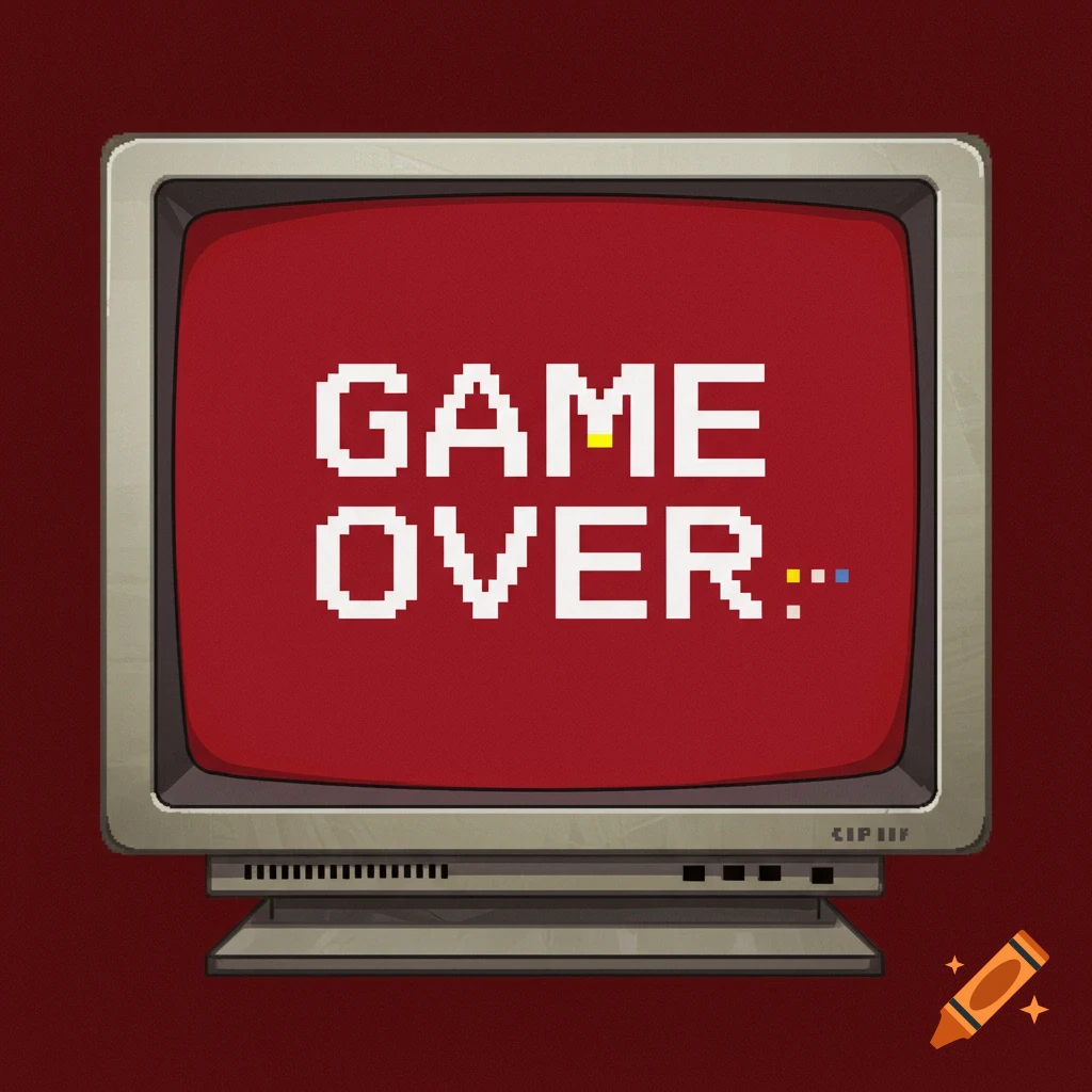 A retro computer monitor displays the pixelated text 'GAME OVER' on a red screen.