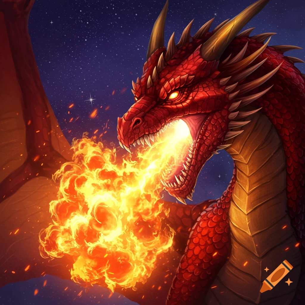 A detailed red dragon breathes fire into the starry night sky.