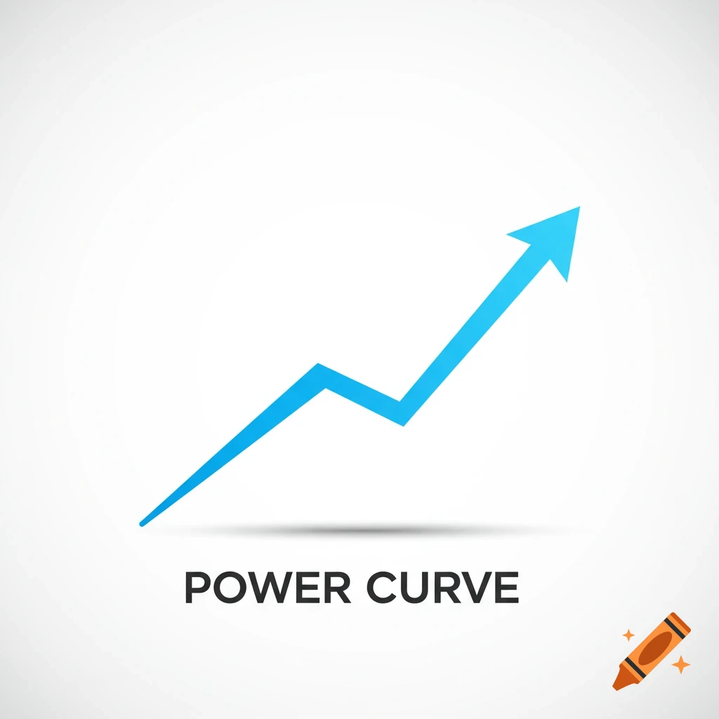 A blue line graph with an arrow pointing steeply upwards, labeled 'POWER CURVE'.