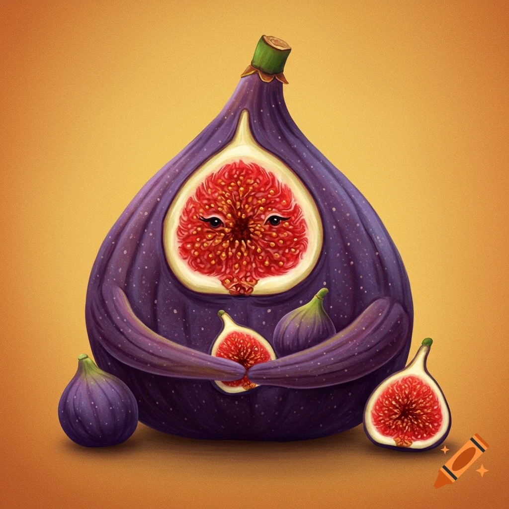 Illustration of a mother fig holding a baby fig, with other figs nearby, against an orange background.
