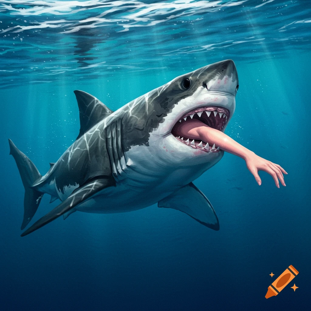 Illustration of a shark with a human hand emerging from its mouth underwater.