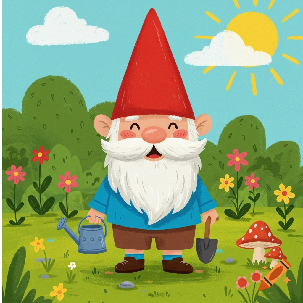 A cartoon garden gnome holding a watering can and shovel in a sunny garden with flowers and mushrooms.