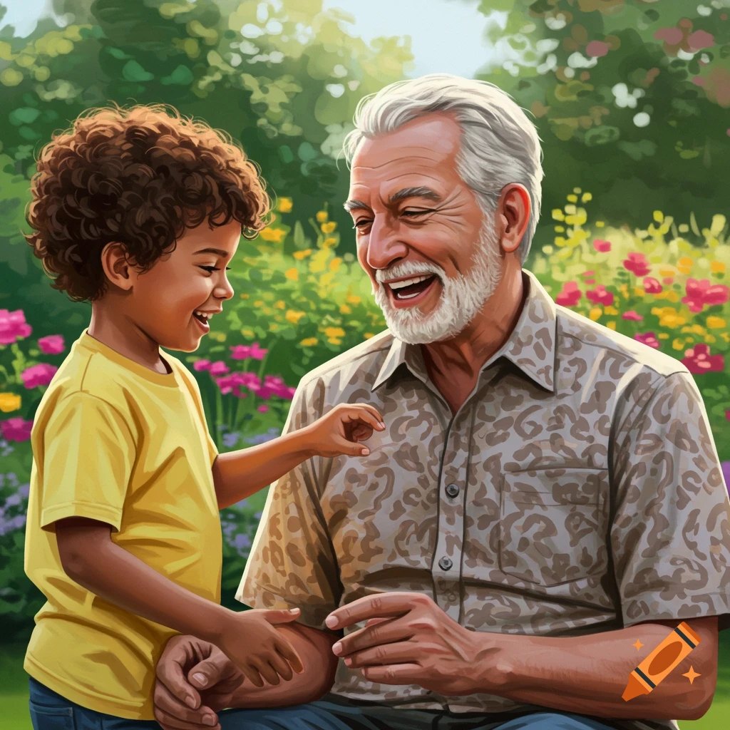 Older man and young boy laugh together in a bright garden, illustration.