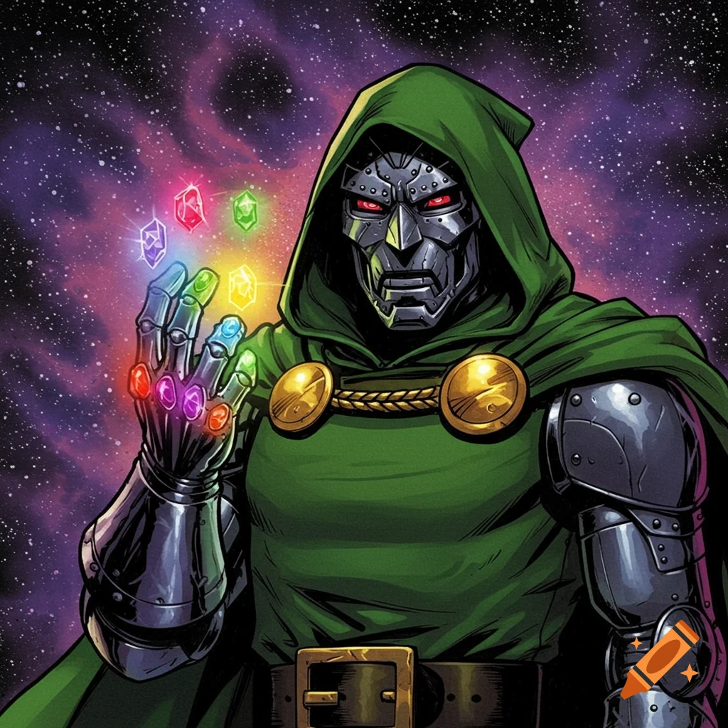 Doctor Doom holding the glowing Infinity Stones in space, comic book style.