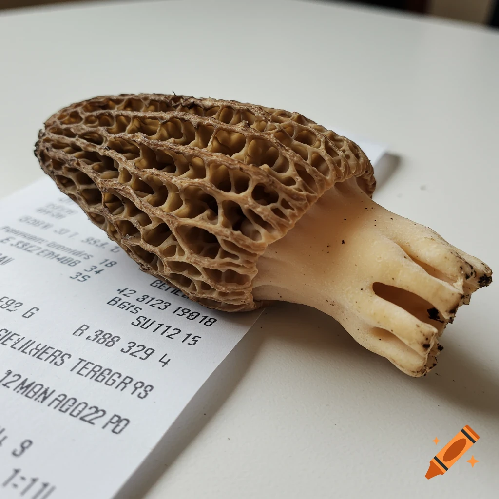 A close-up photo of a morel mushroom resting on a paper receipt.
