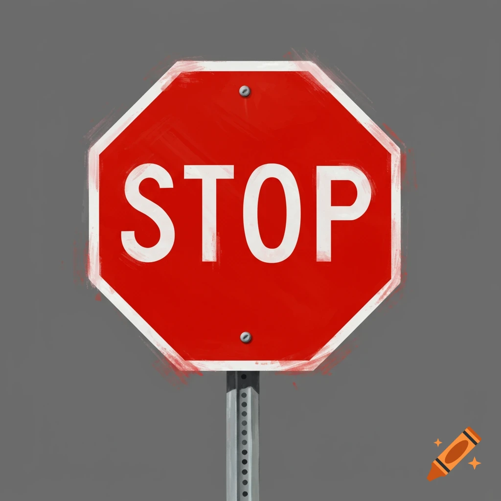 A red stop sign with white 'STOP' text, on a pole against a gray background. Painterly style.