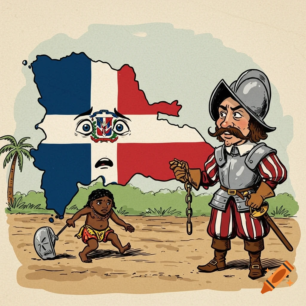 Cartoon of a Spanish conquistador holding a chain towards a Taino person, with a sad map-figure of the Dominican Republic.
