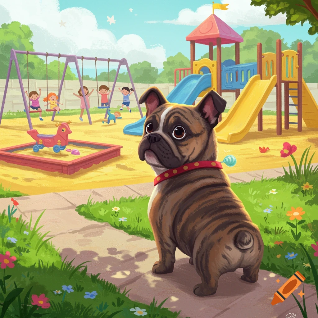 An illustration of a bulldog sitting on a path by a playground where children are playing.