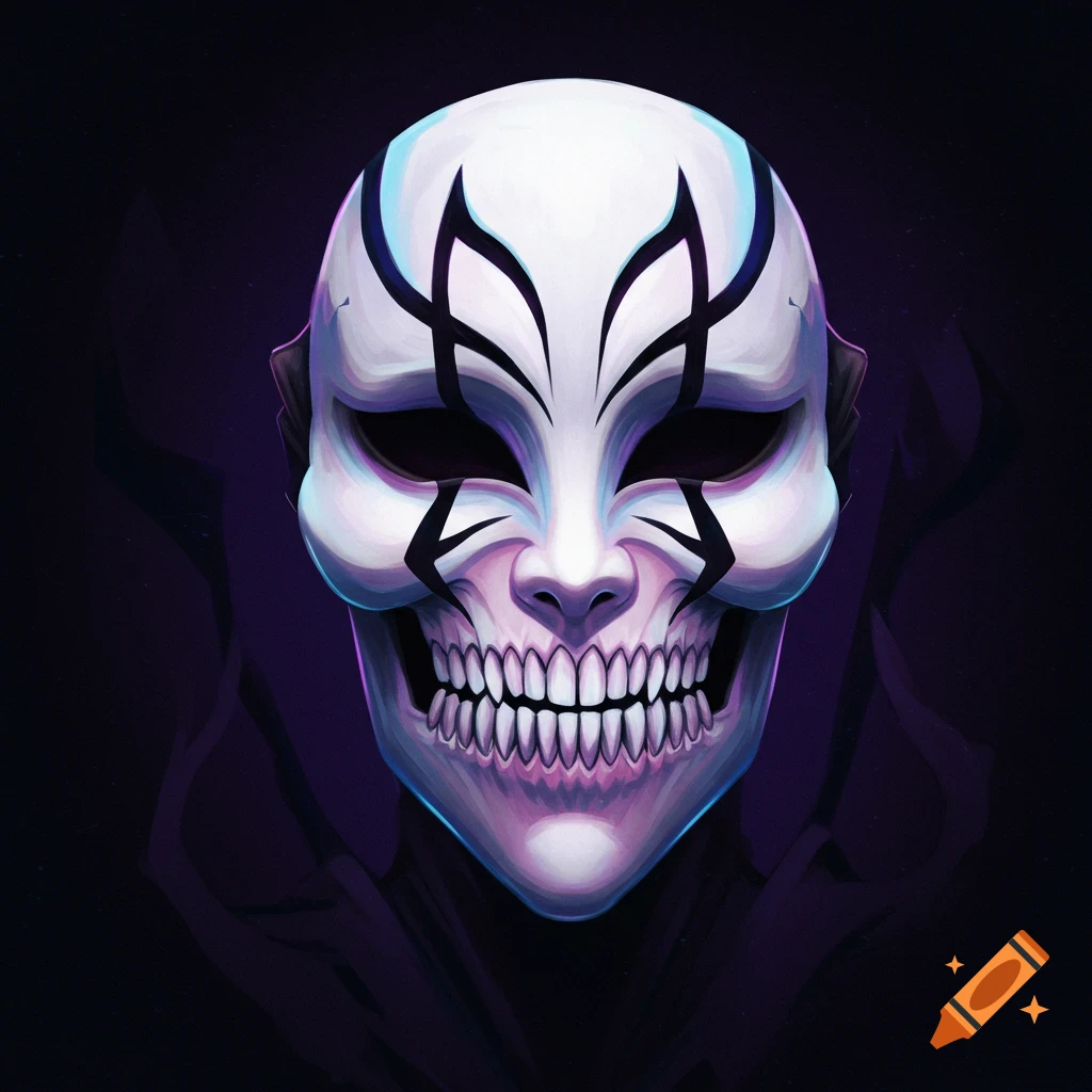 A stylized depiction of a white mask with black markings and skeletal teeth against a dark background.
