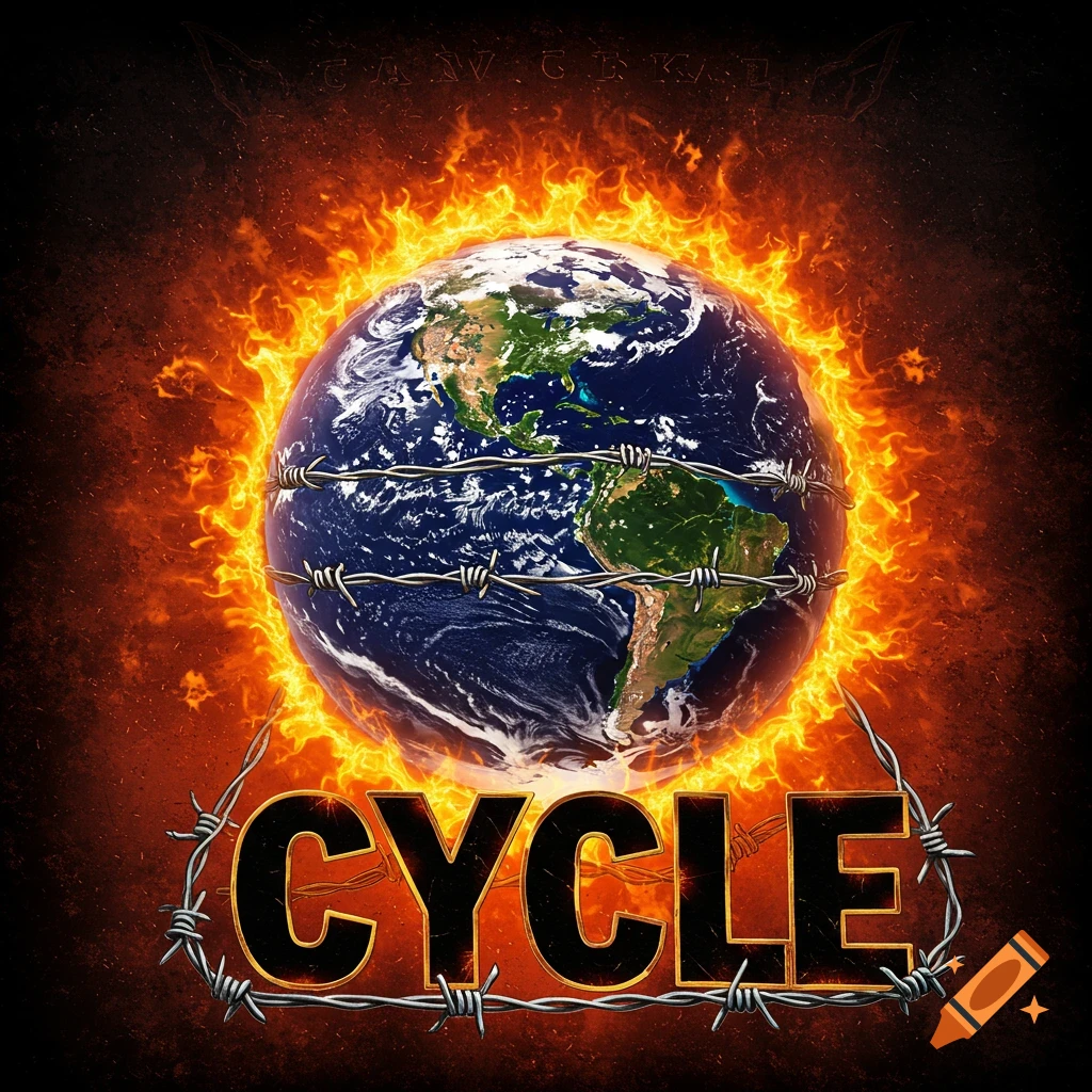 Earth wrapped in barbed wire surrounded by fire, with the word CYCLE below, styled like a heavy metal album cover.