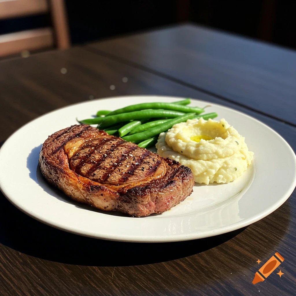 A white plate holds a grilled steak, mashed potatoes, and green beans on a dark wooden table.