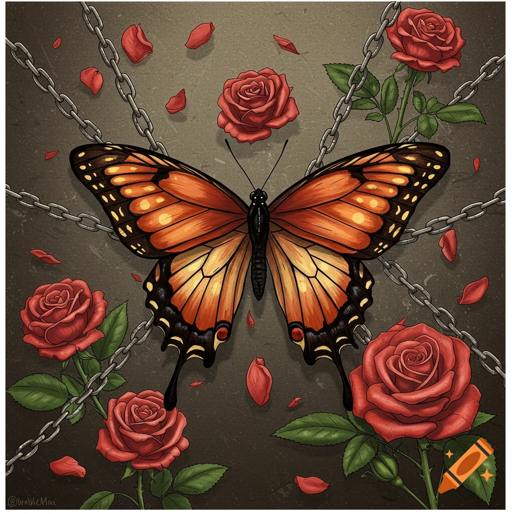 An illustration of a monarch butterfly surrounded by red roses, scattered petals, and chains.