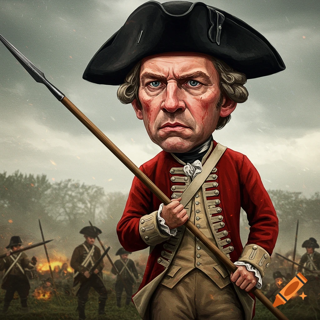 Caricatured 1700s British redcoat soldier with a big head holds a spear against a battle scene.
