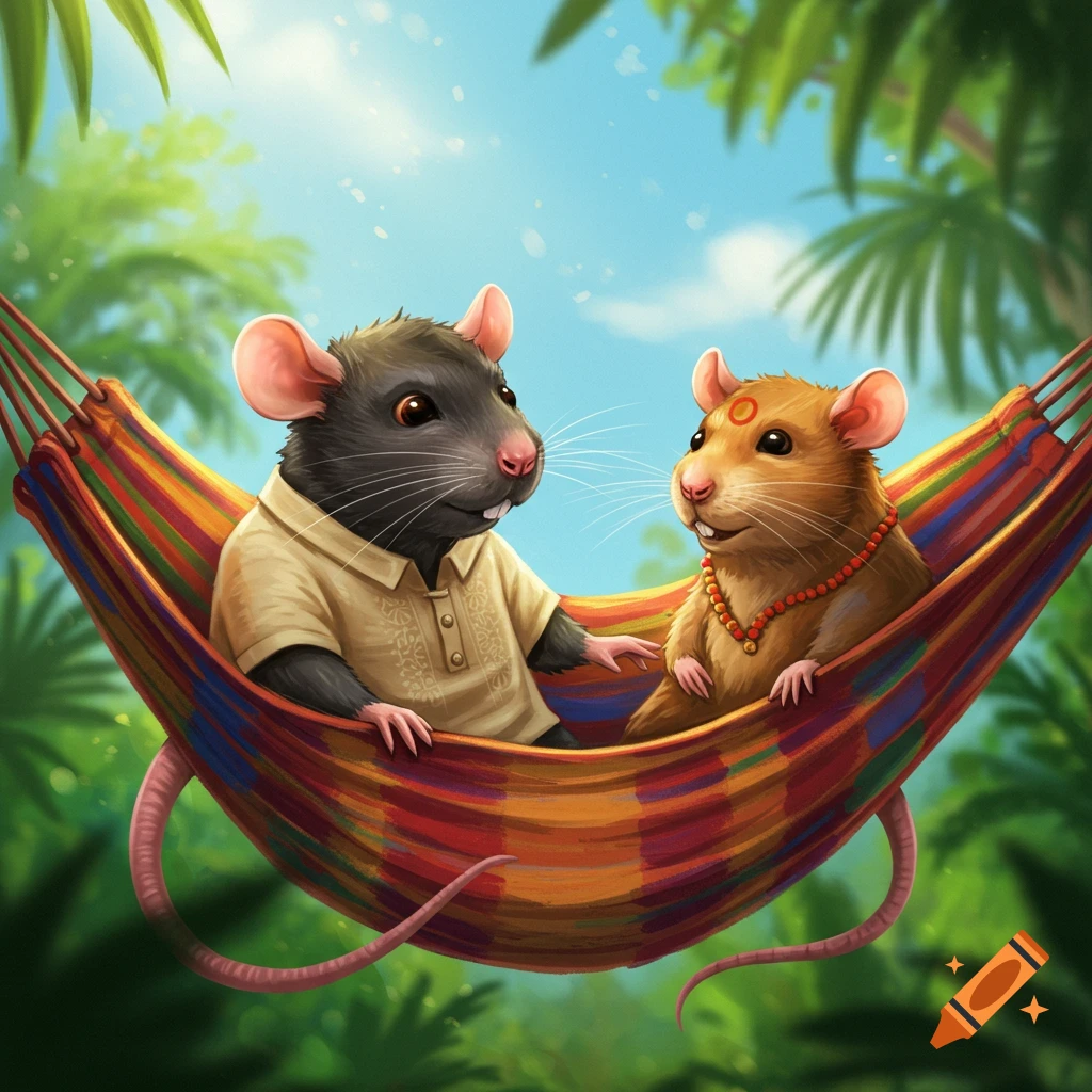 Two anthropomorphic rats relaxing in a colorful hammock in a jungle.