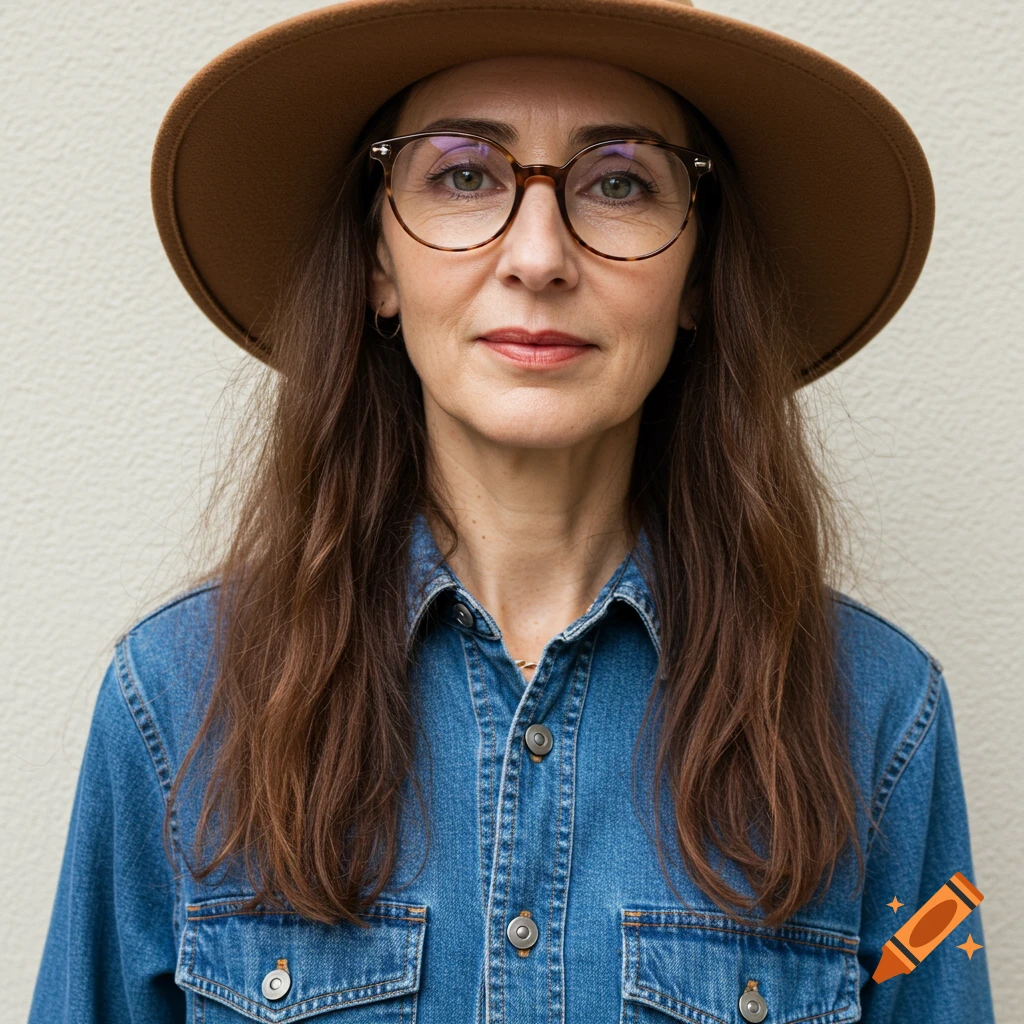 A portrait of a woman in a brown hat, glasses, and denim shirt.