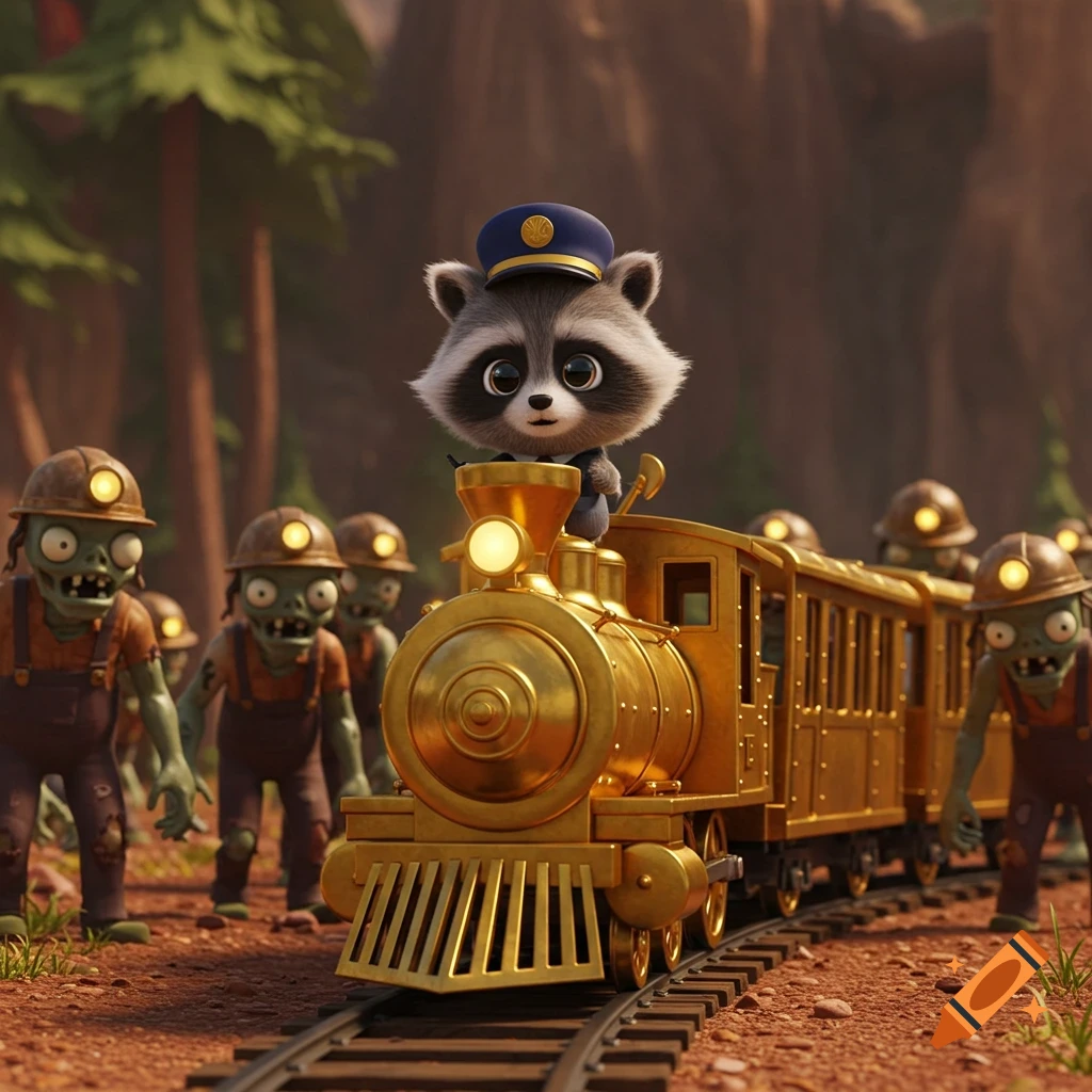 A cute raccoon conductor rides a golden train with cartoon zombies in mining helmets nearby.