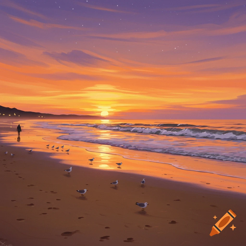 A beach at sunset with a lone figure walking and seagulls.