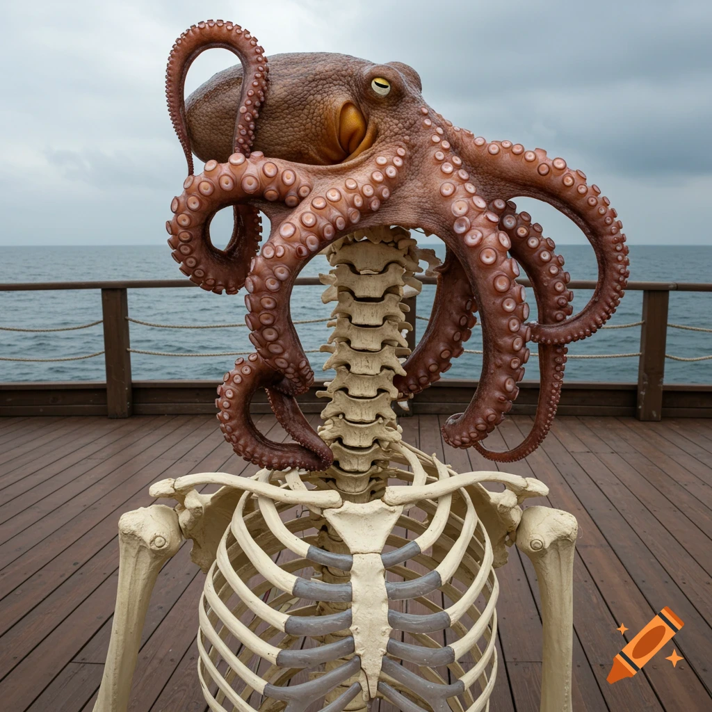 Photorealistic image of a human skeleton torso with an octopus head, standing on a wooden deck by the ocean.