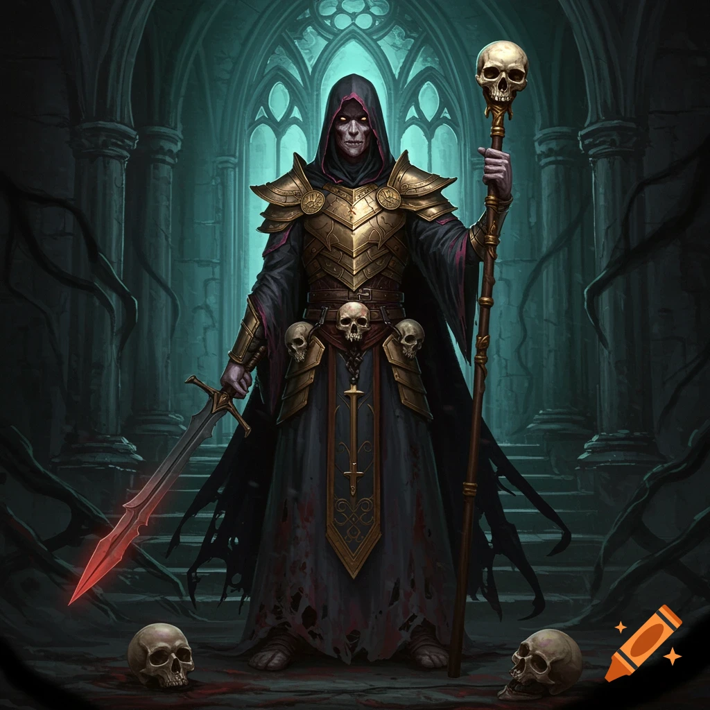 A dark fantasy illustration of a necromancer in dark robes and golden armor, holding a sword and staff, in a ruined chapel.