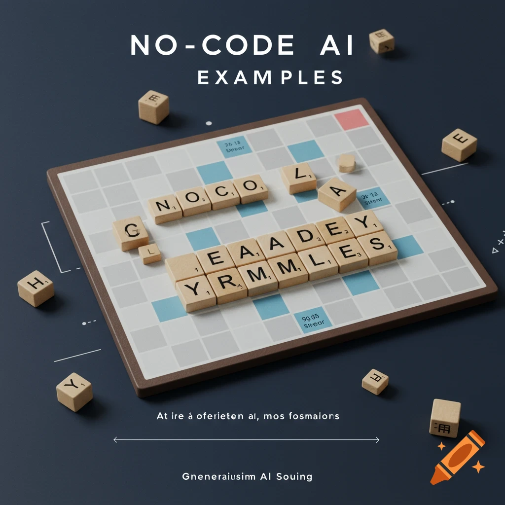 Modern Scrabble board with "No-Code AI Examples" on Craiyon