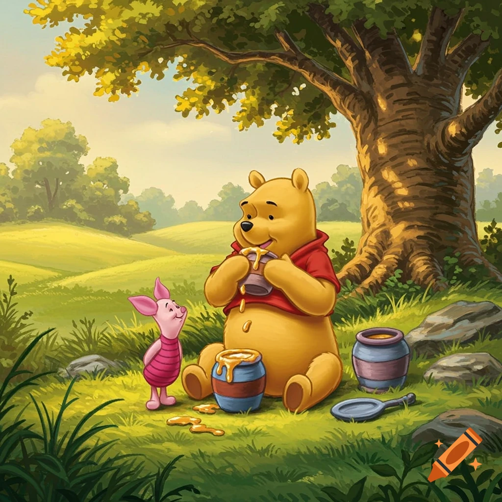 Cartoon illustration of Winnie the Pooh eating honey with Piglet in a field under a tree.