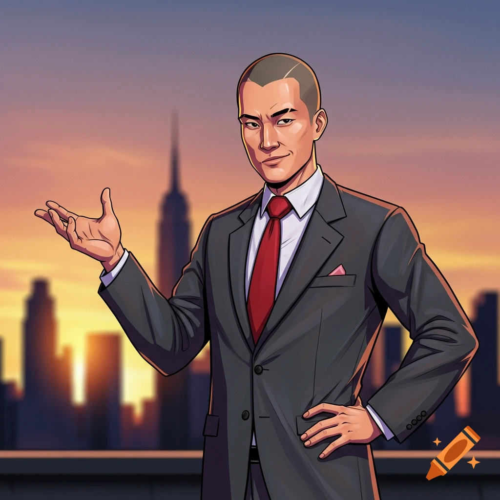 Illustrated businessman on a city rooftop at sunset, gesturing with hand.