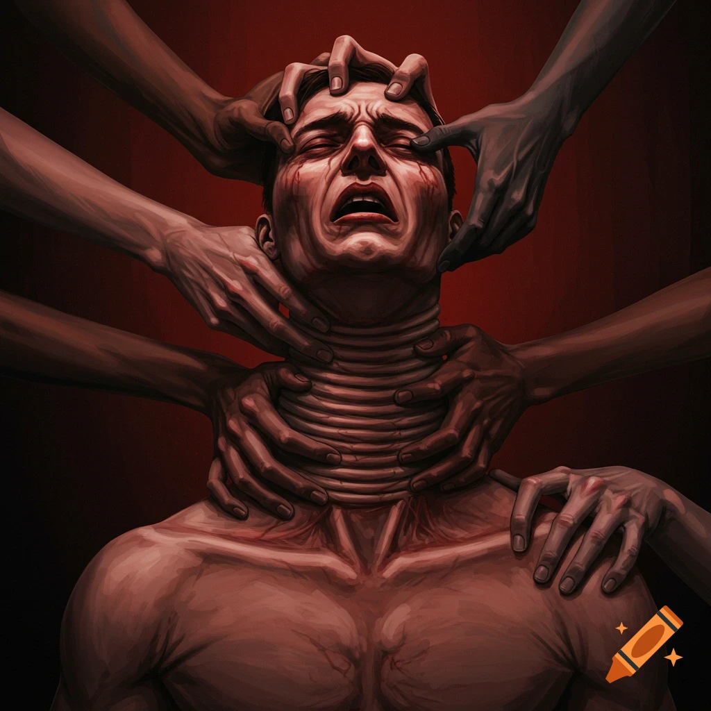 Illustration of a figure being held by multiple hands, showing distress, against a dark red background.