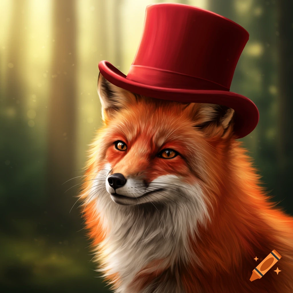 Portrait of a fox wearing a red top hat in a sunlit forest.