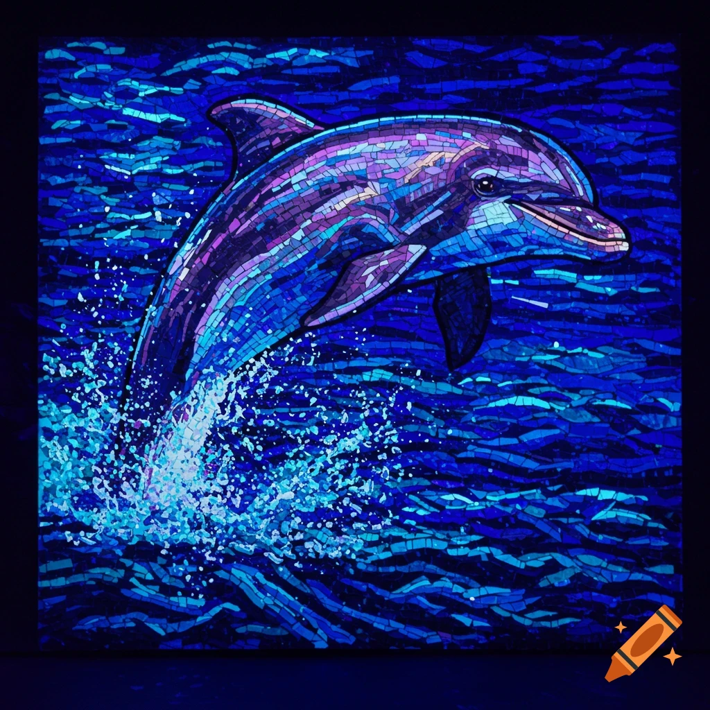Vibrant mosaic art of a dolphin leaping from the ocean