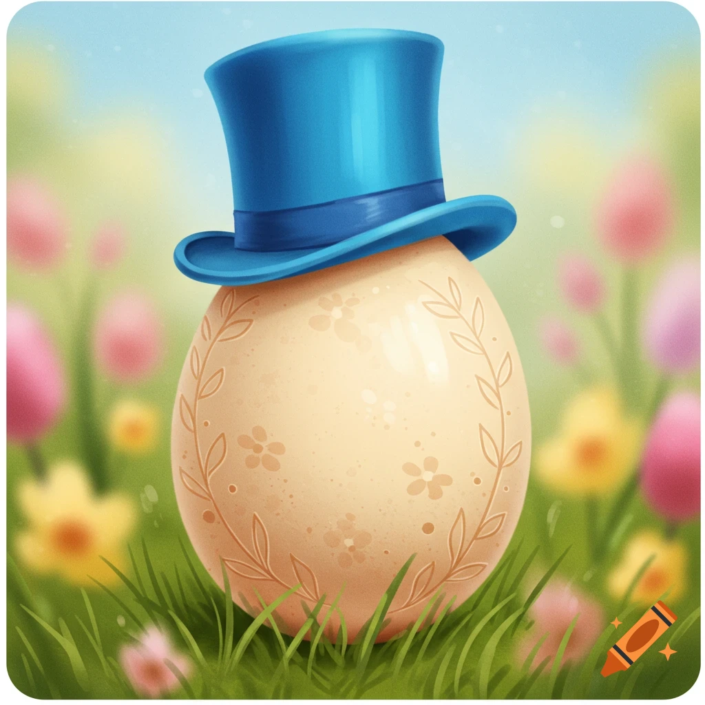 An Easter egg wearing a blue top hat sits in grass with blurred flowers.