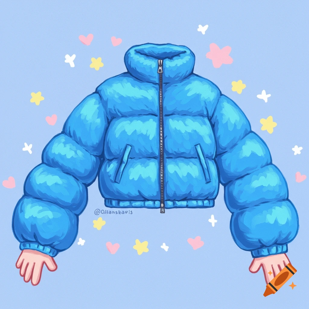Cute illustration of a blue puffer jacket with long arms surrounded by pink hearts and yellow stars.